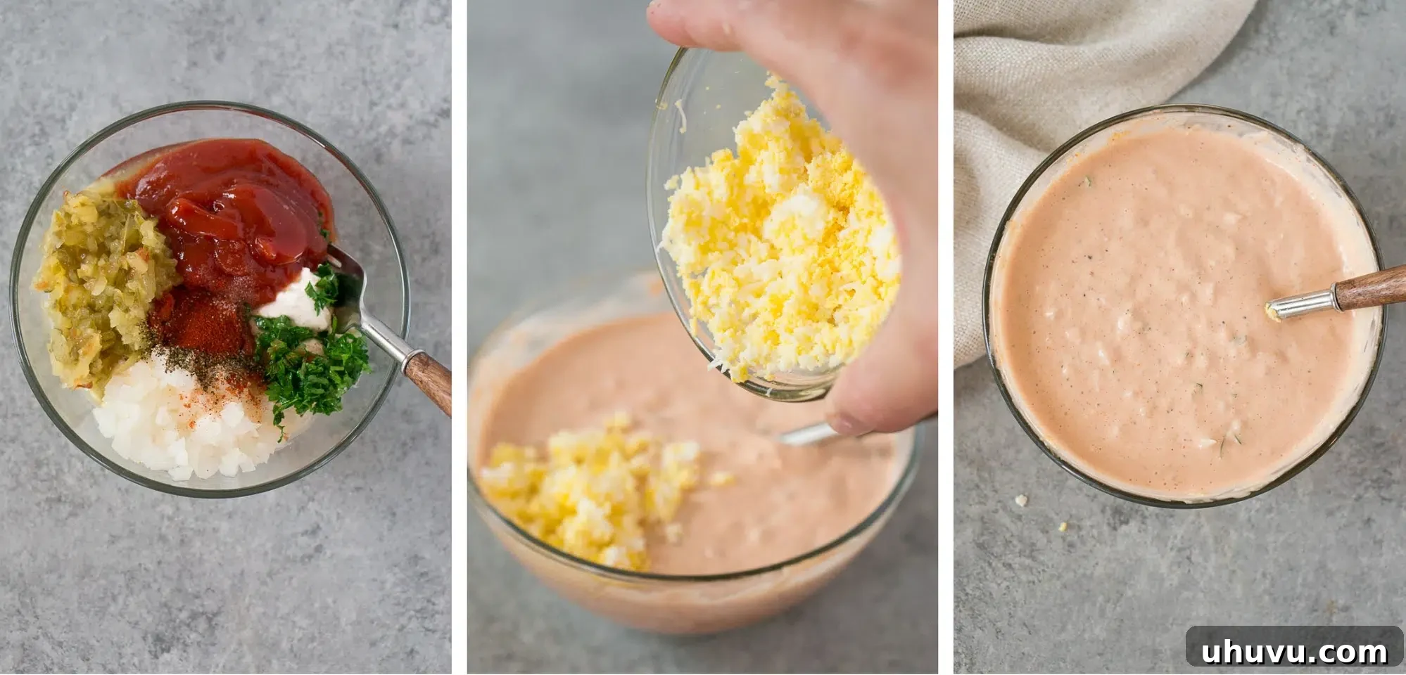 Step-by-step process shots of mixing homemade Thousand Island dressing ingredients.