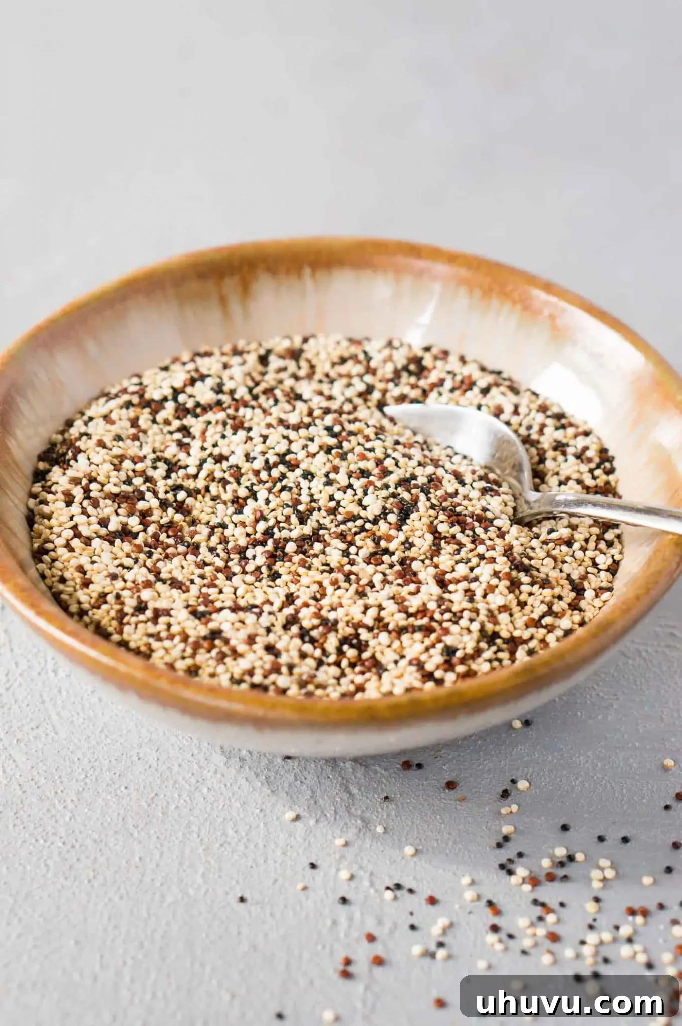 Fluffy Quinoa Every Time 3 Close-up of uncooked quinoa grains in a bowl, ready for rinsing and cooking