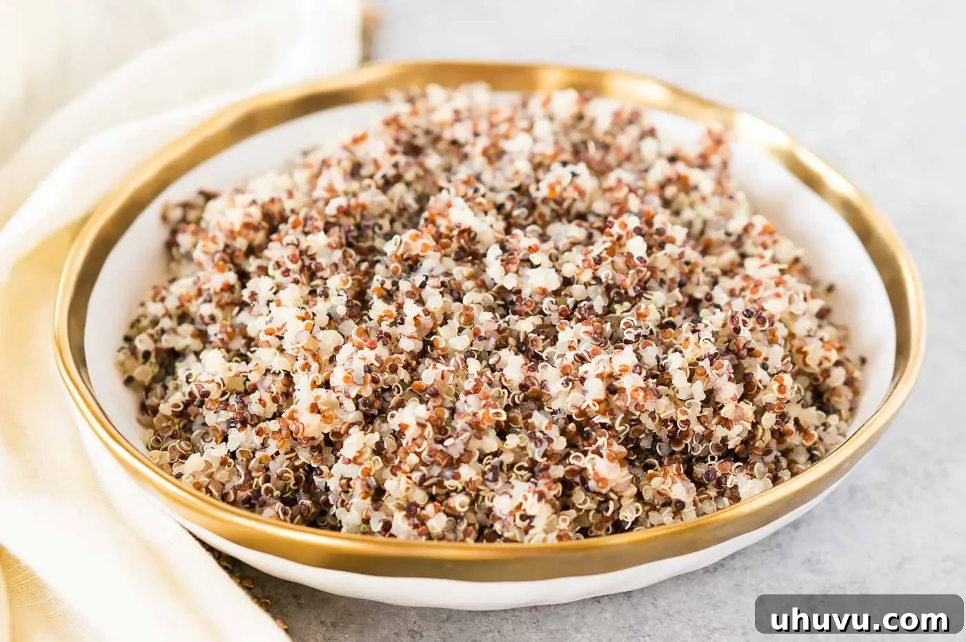 Close-up image of perfectly cooked quinoa with visible germ, showcasing its fluffy texture