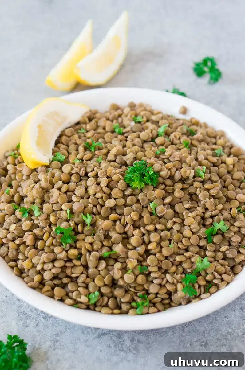 The Secret to Perfect Lentils 5 cooked lentils in a white bowl with parsley & lemons