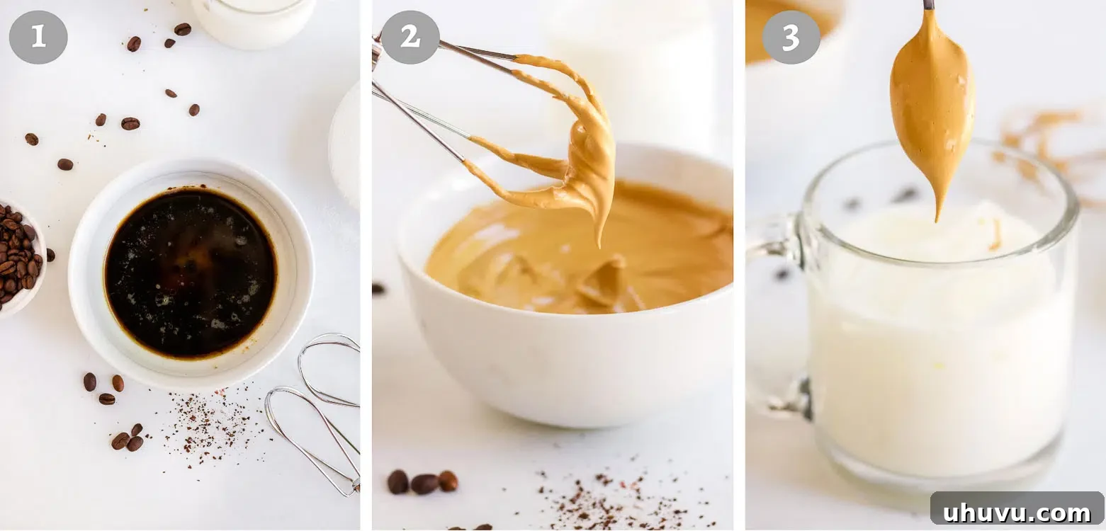 How to make Dalgona coffee, showing the whipping process