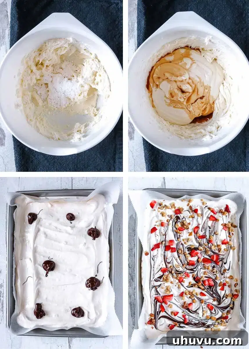 Refreshing Strawberry Frozen Yogurt Bark 5 Step-by-step visuals showing the process of making keto frozen yogurt bark, from mixing to adding toppings.