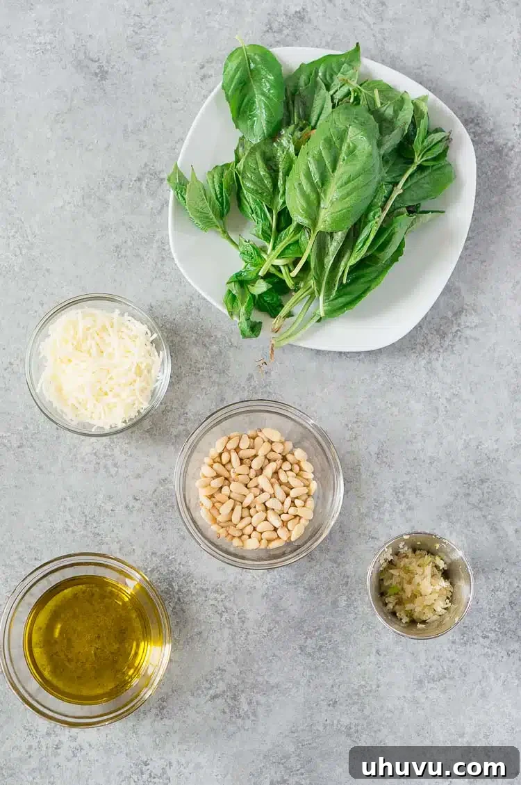 Ingredients for making pesto laid out on a gray board: basil, pine nuts, garlic, olive oil, and Parmesan cheese