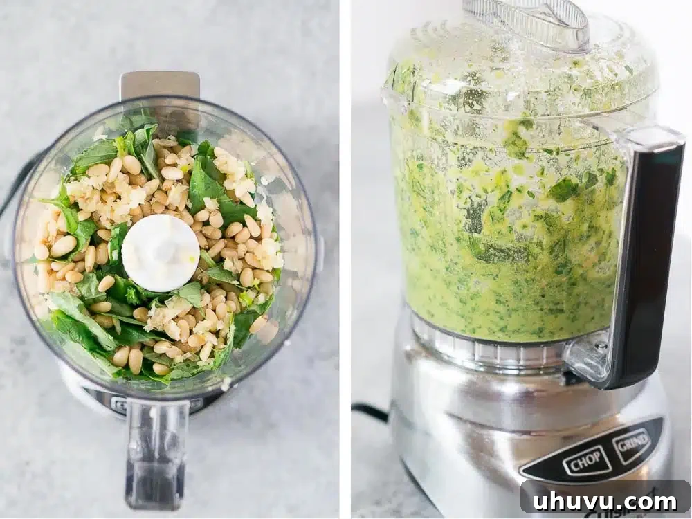 The process of making basil pesto in a food processor, showing the ingredients blending into a smooth sauce