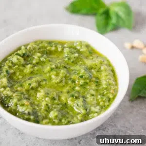 A bowl of fresh homemade basil pesto