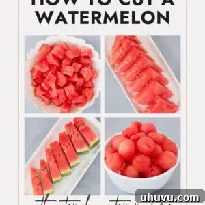 A collage displaying watermelon cut in four distinct ways for serving.