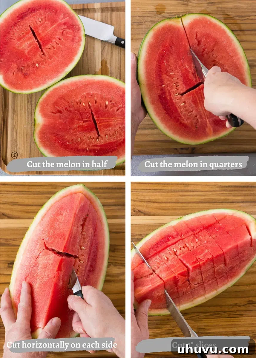 Step-by-step image showing how to slice a watermelon into a grid pattern for cubes.