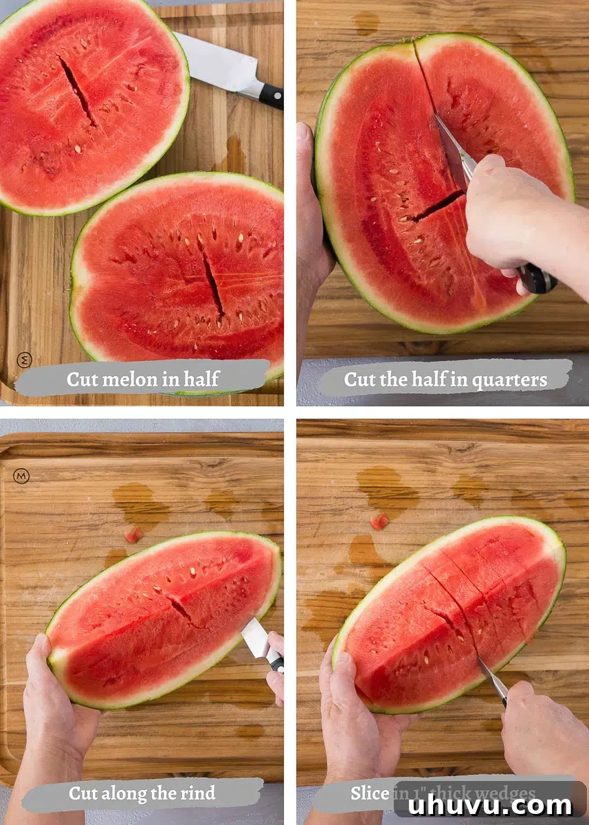 A watermelon quarter being sliced into thick wedges, ready to serve.