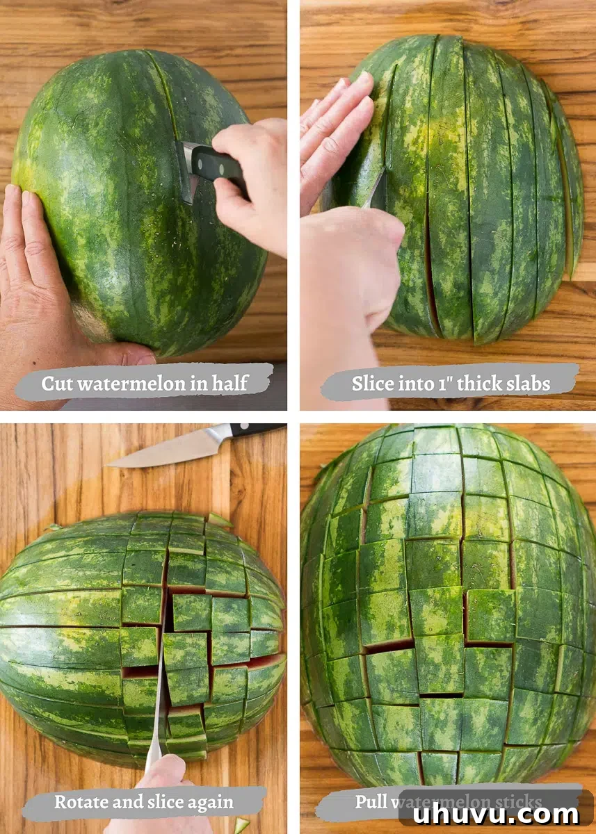 A watermelon half scored into a grid pattern, demonstrating how to prepare for sticks.