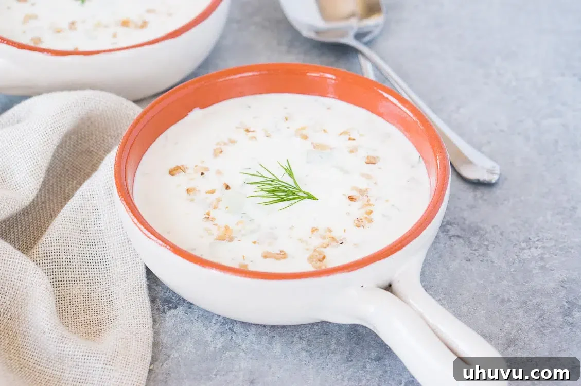 Chilled cucumber yogurt soup with dill and walnuts in a clay bowl, ready to be served as a refreshing summer dish.