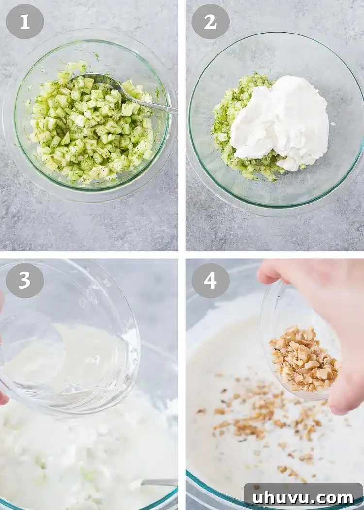 Step-by-step process of making Tarator, showing ingredients being mixed in a bowl.