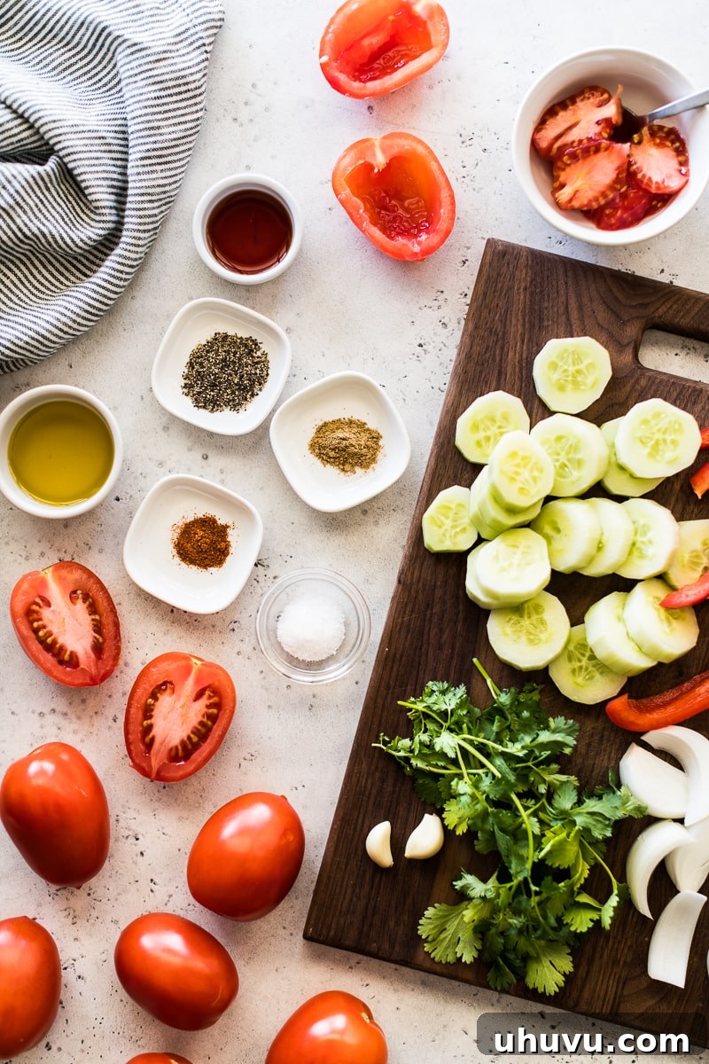 Quick and Refreshing Gazpacho 3 A colorful array of fresh gazpacho ingredients, including ripe tomatoes, a green cucumber, red bell peppers, onions, garlic, fresh cilantro, red wine vinegar, olive oil, and a selection of spices, arranged on a rustic white and blue tabletop.