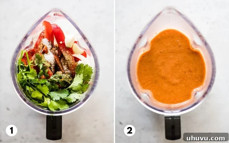 Quick and Refreshing Gazpacho 4 A step-by-step visual guide showing fresh vegetables being added to a blender and then pureed into a smooth gazpacho.