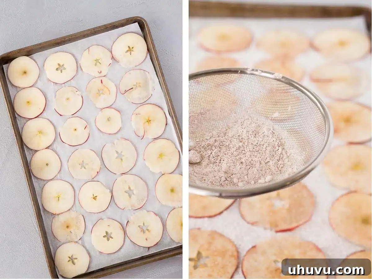 Step-by-step photos demonstrating how to make apple chips in the oven.