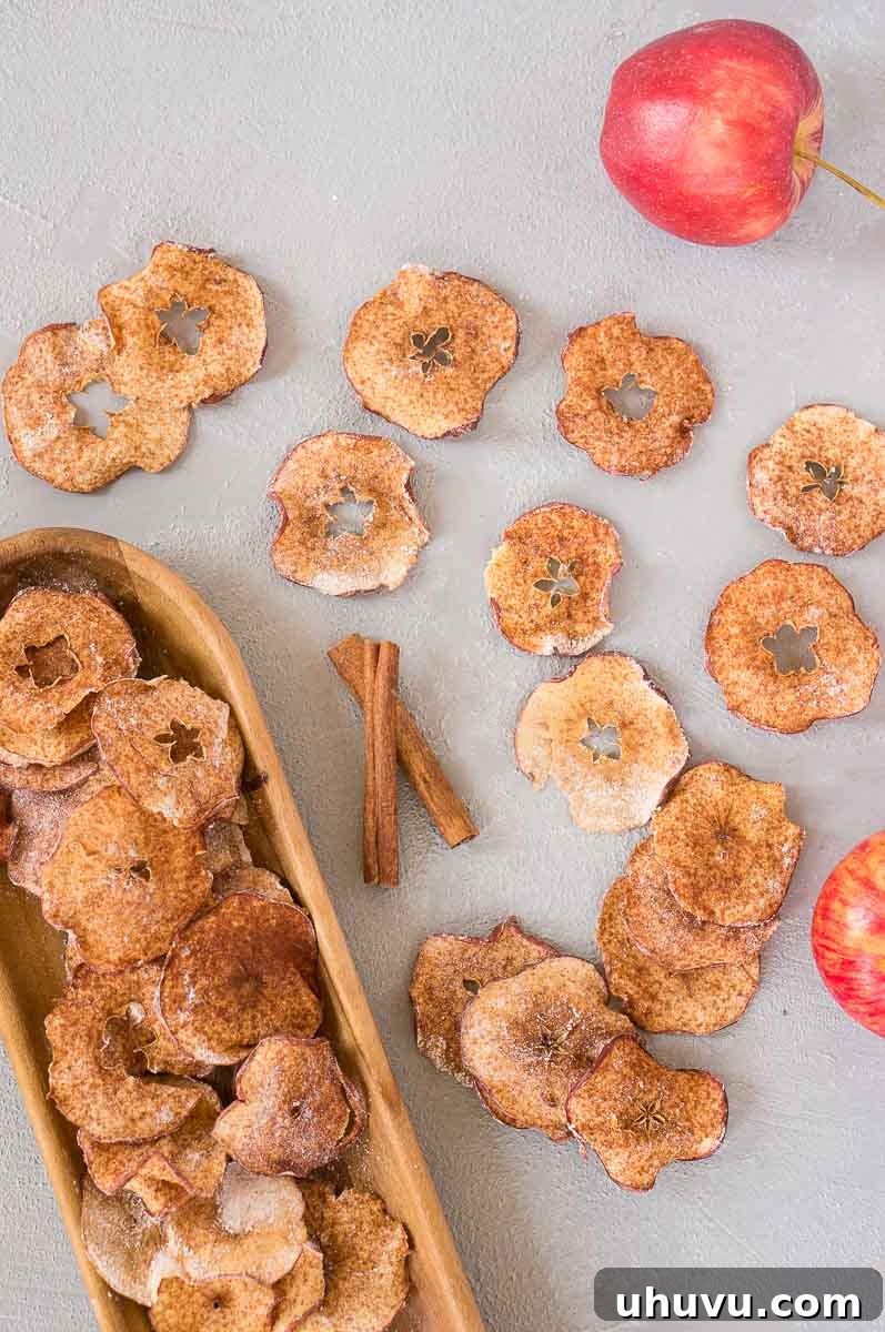 Golden Crisp Apple Snacks 5 Delicious baked apple chips served on a rustic wooden platter, perfect for sharing.