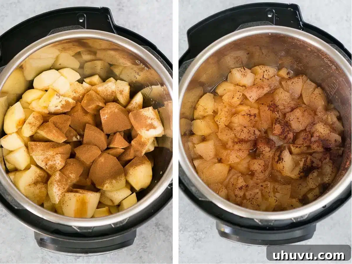 Step-by-step image showing how to make Instant Pot applesauce.