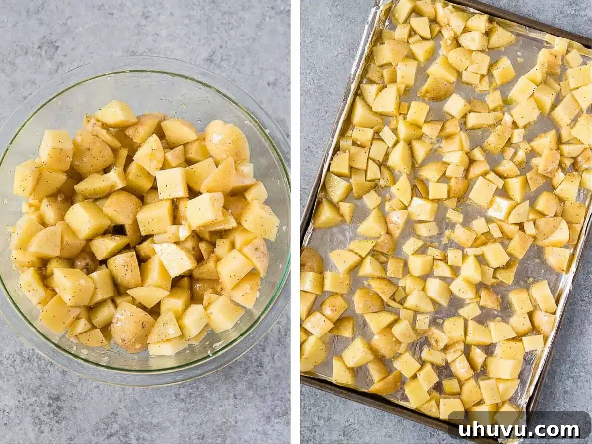 Step-by-step process of making roasted garlic potatoes, showing potatoes on a baking sheet before and after roasting