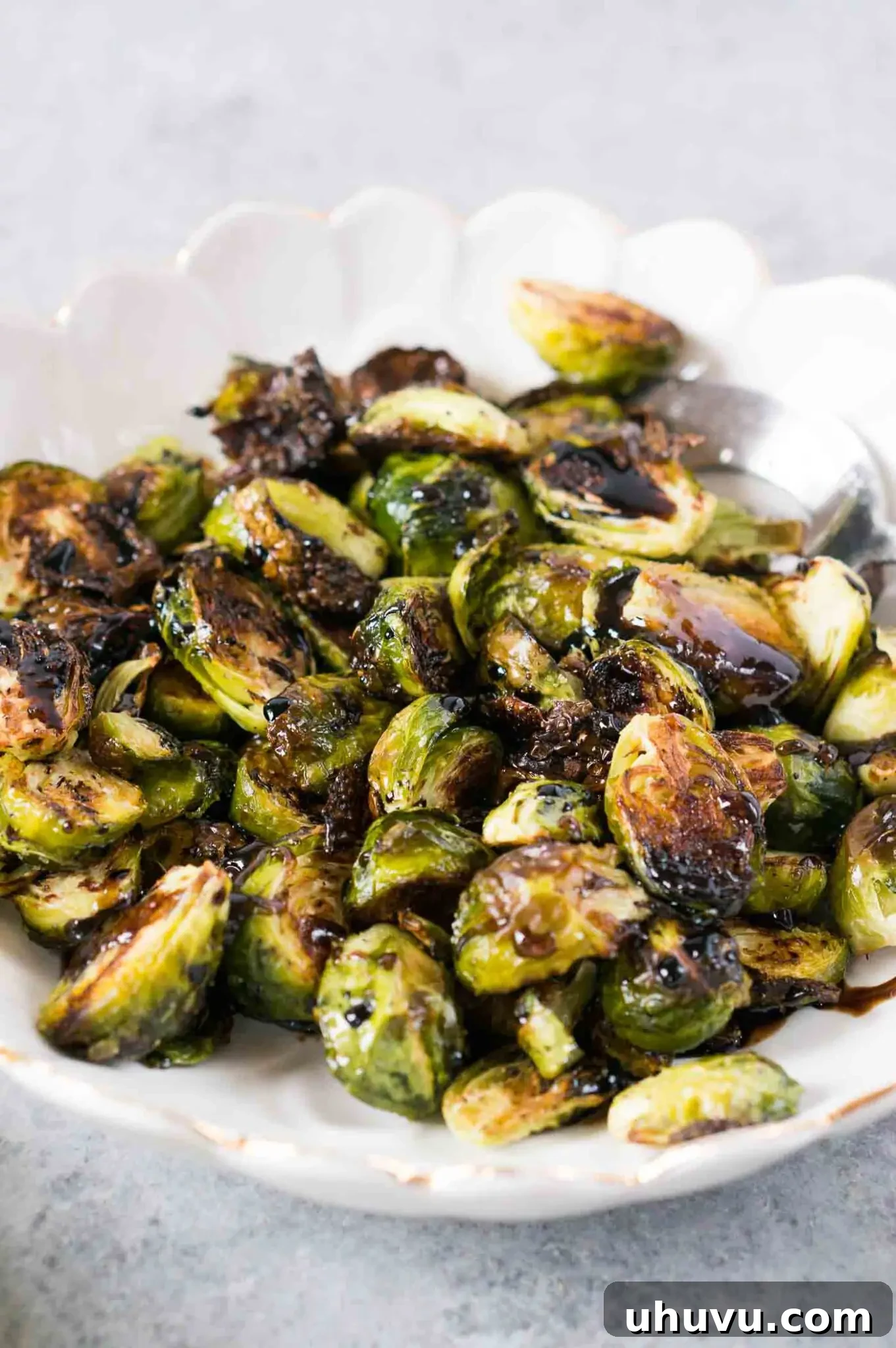 close up image of roasted sprouts with balsamic honey glaze
