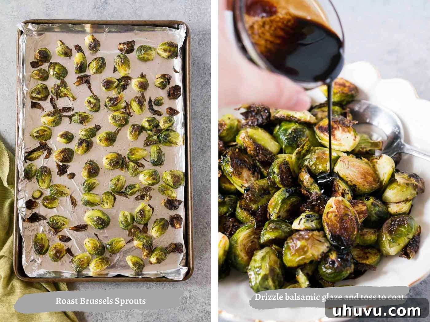 process images of roasting Brussel sprouts and drizzling balsamic glaze