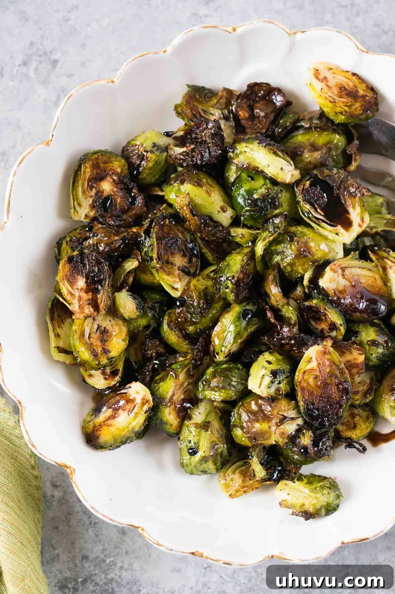 balsamic Brussel sprouts in a white bowl