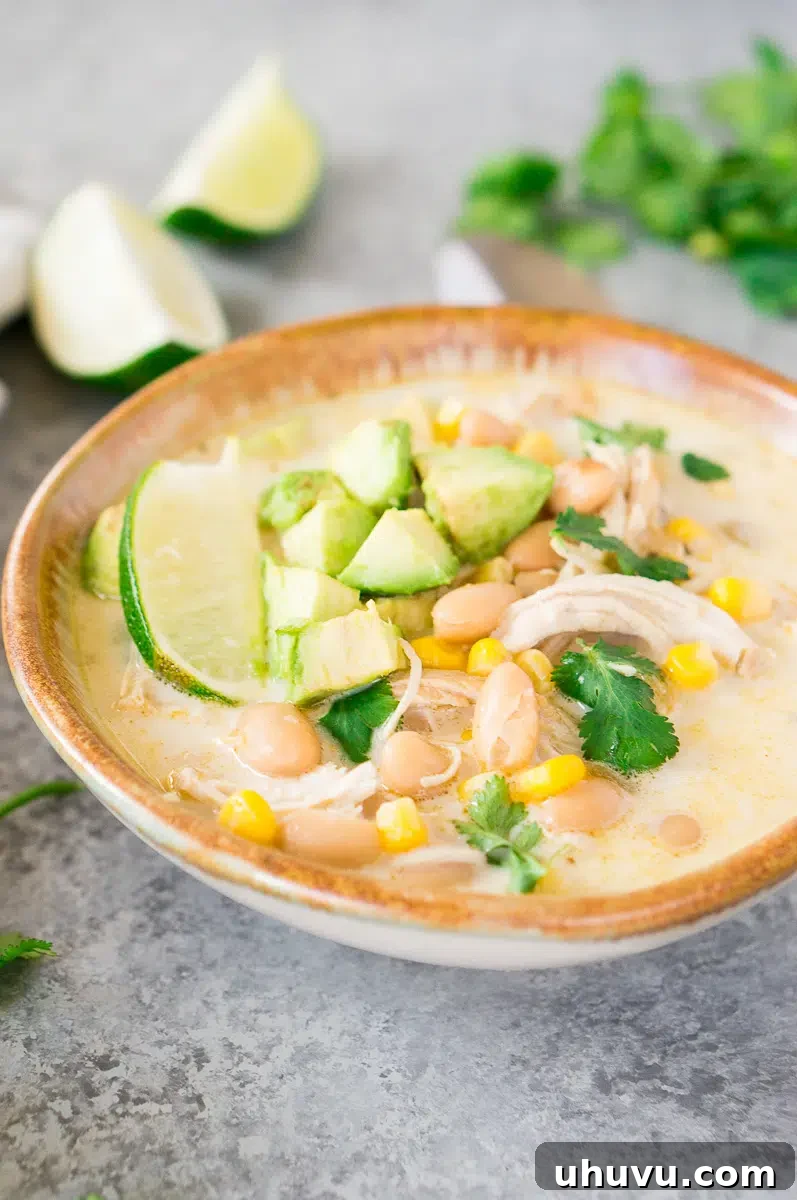 easy IP white chicken chili served in a bowl