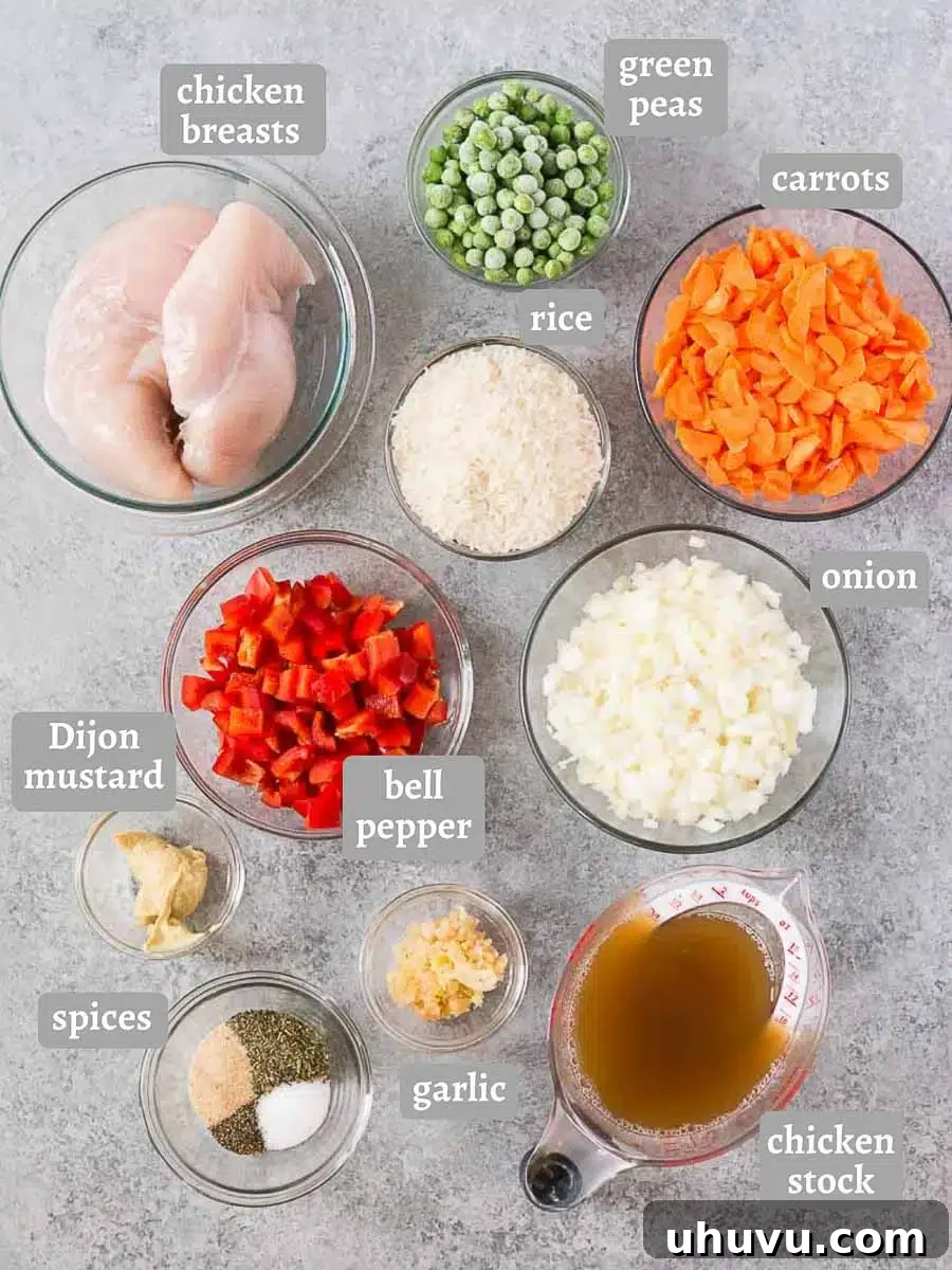 A flat lay of all the fresh ingredients needed for Instant Pot chicken and rice