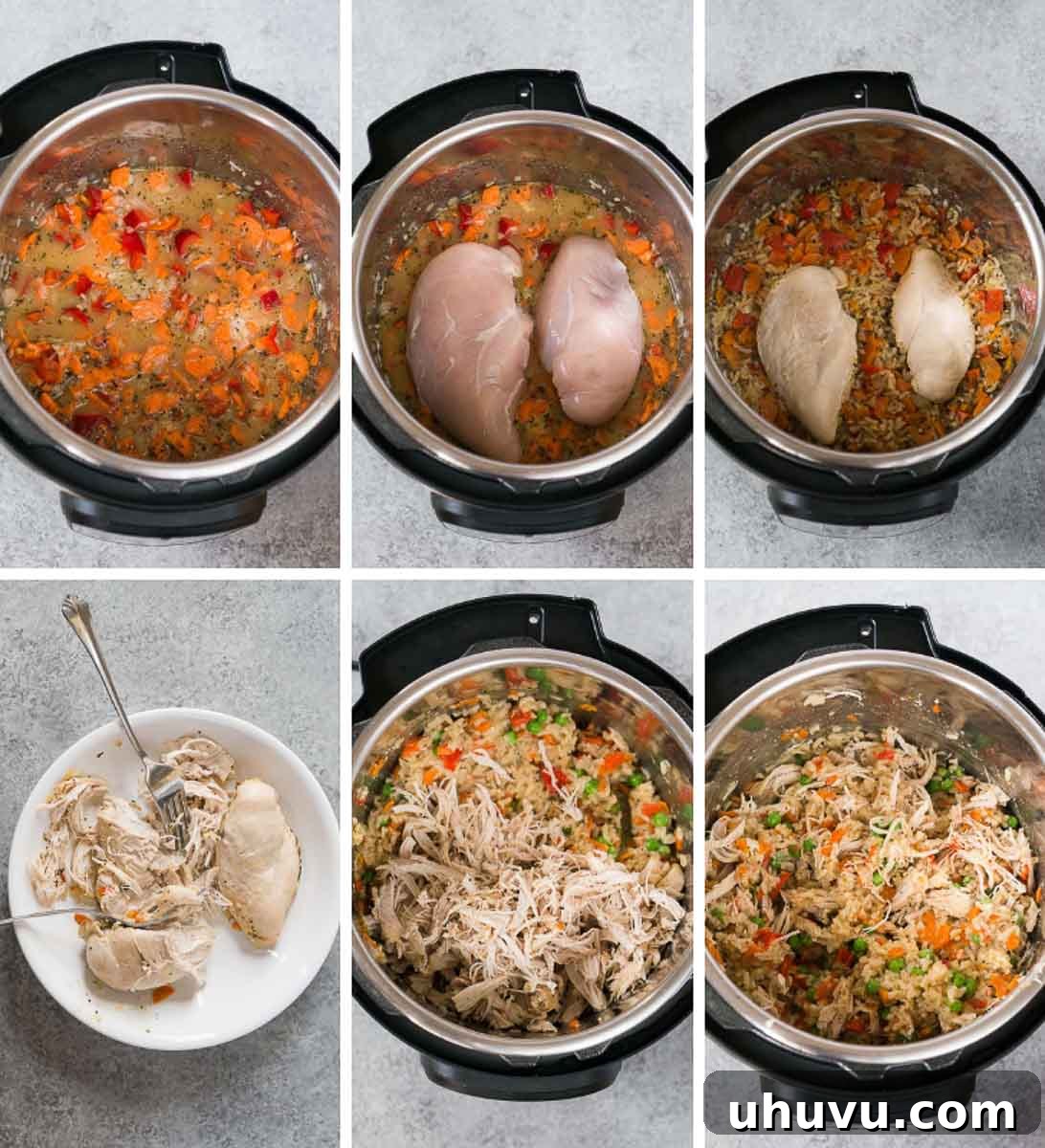 process shots showing how to make chicken and rice in the pressure cooker