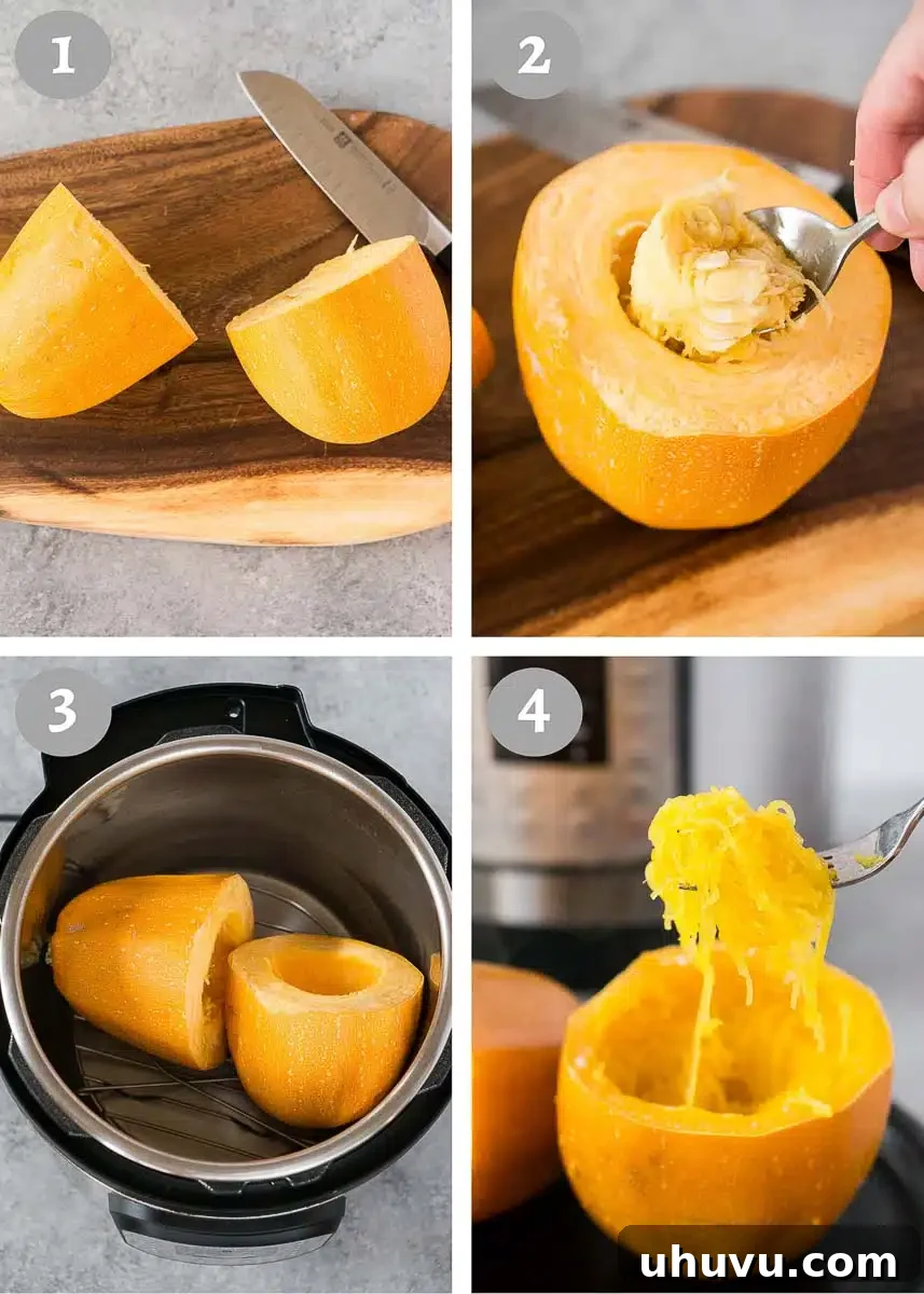 Step-by-step image of how to prepare spaghetti squash in an Instant Pot