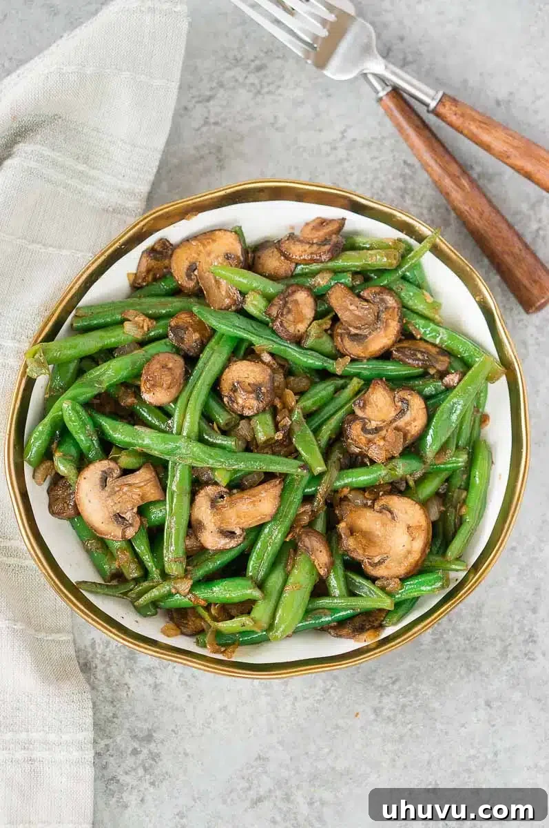 green beans with mushrooms served in a bowl
