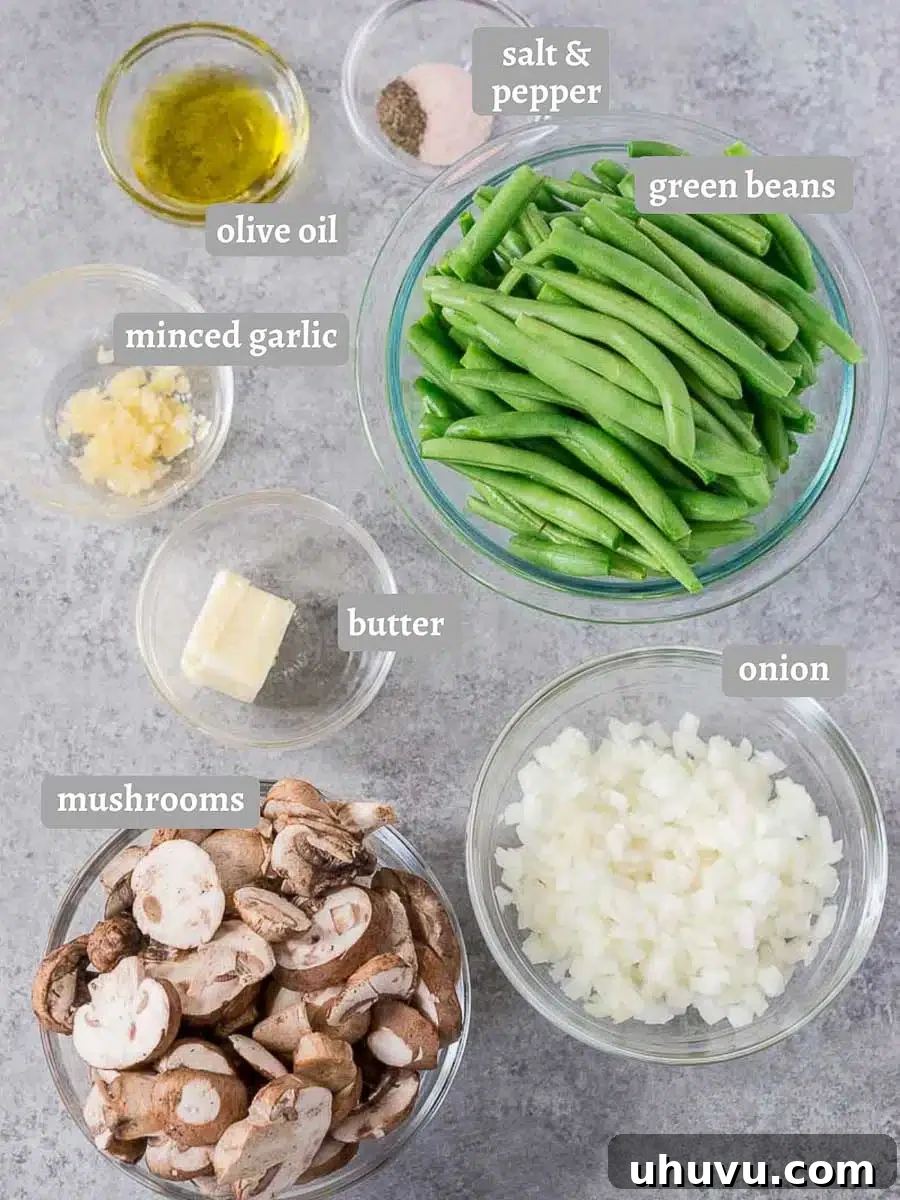 green beans, onions, mushrooms, and condiments on a  board