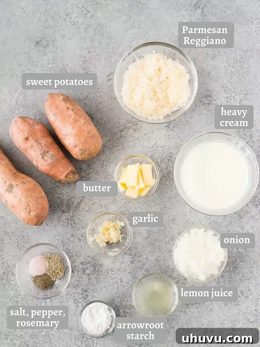 Ingredients for creamy sweet potato au gratin laid out