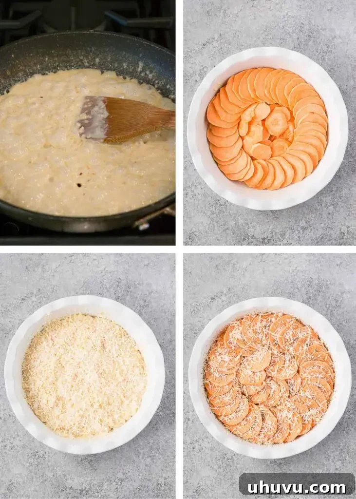 Step-by-step image of how to make sweet potato gratin
