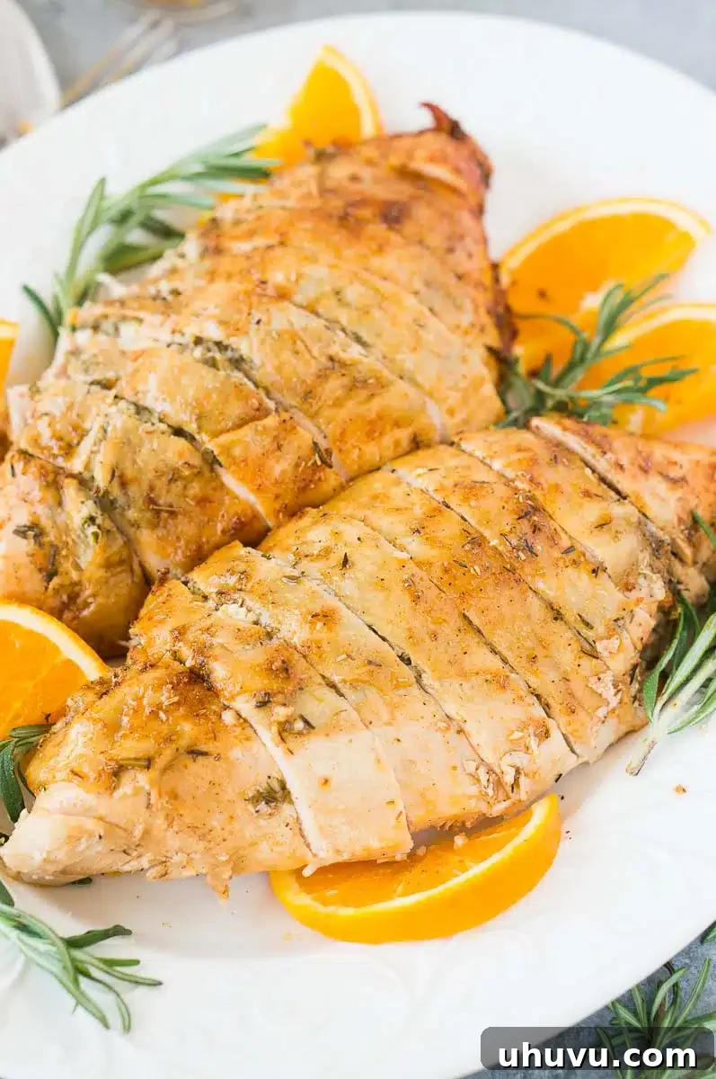 Succulent Roasted Turkey Breast 13 close up shot of baked turkey breast on a plate