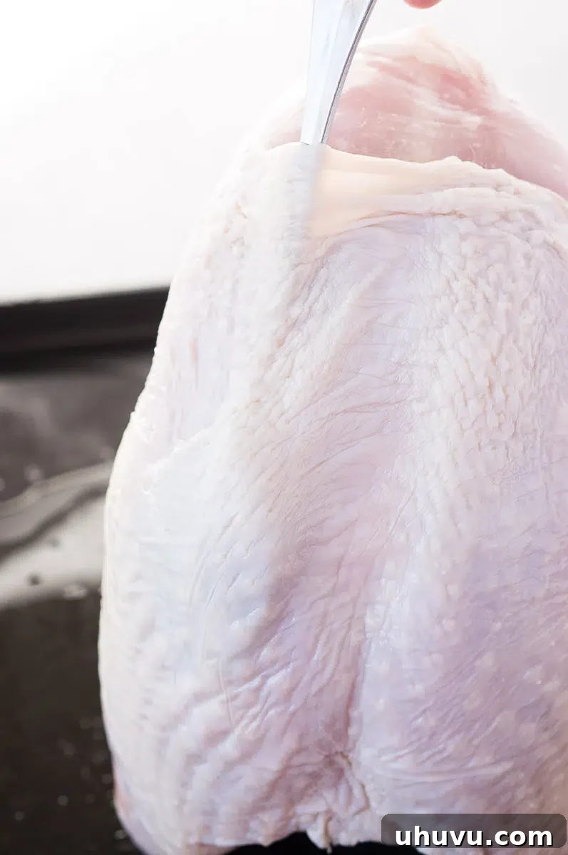 separating the skin from the turkey meat