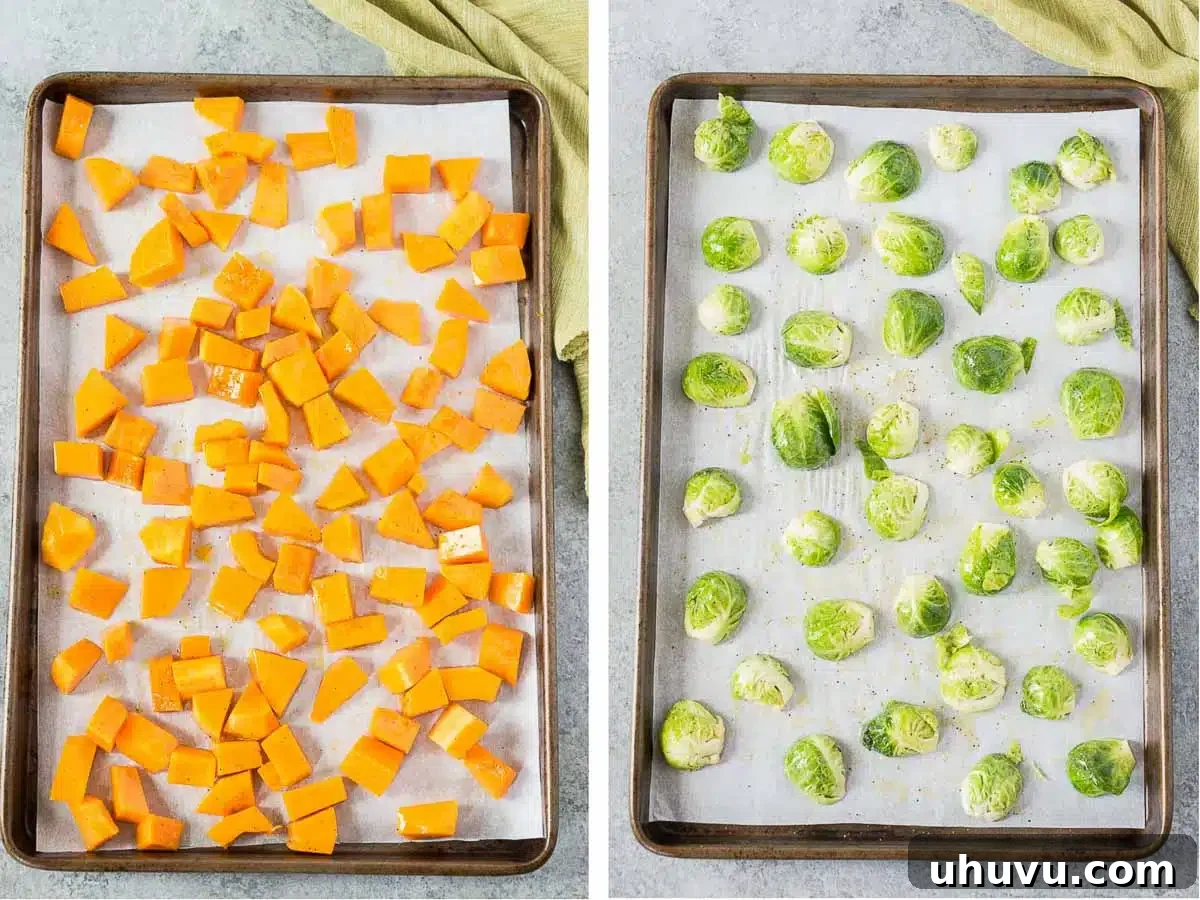 how to make butternut squash and brussel sprouts in the oven