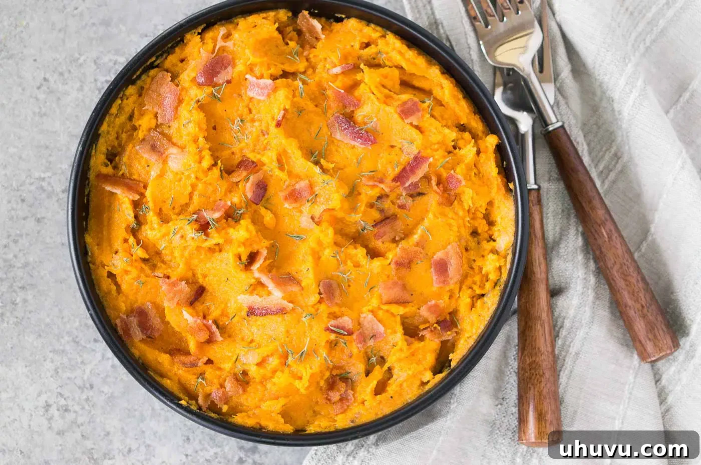 Sweet Potato Bacon Mash 3 close up image of mashed potatoes for thanksgiving dinner