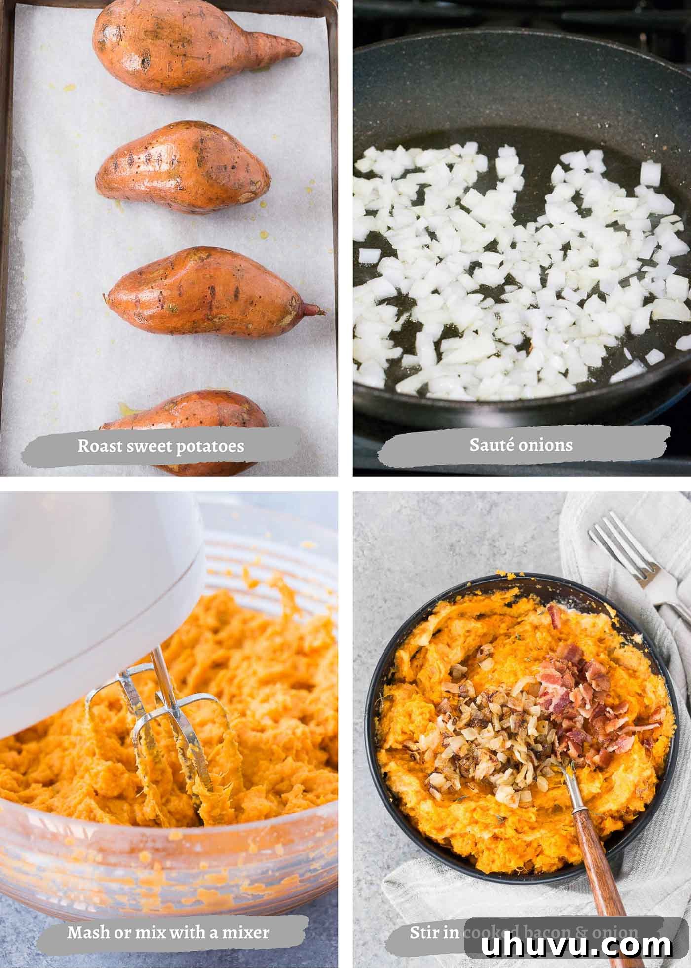 Sweet Potato Bacon Mash 6 process images of mashed sweet potatoes with bacon