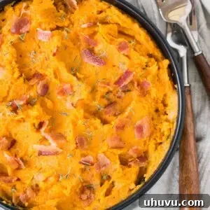 Sweet Potato Bacon Mash 9 mashed sweet potatoes with bacon in a bowl
