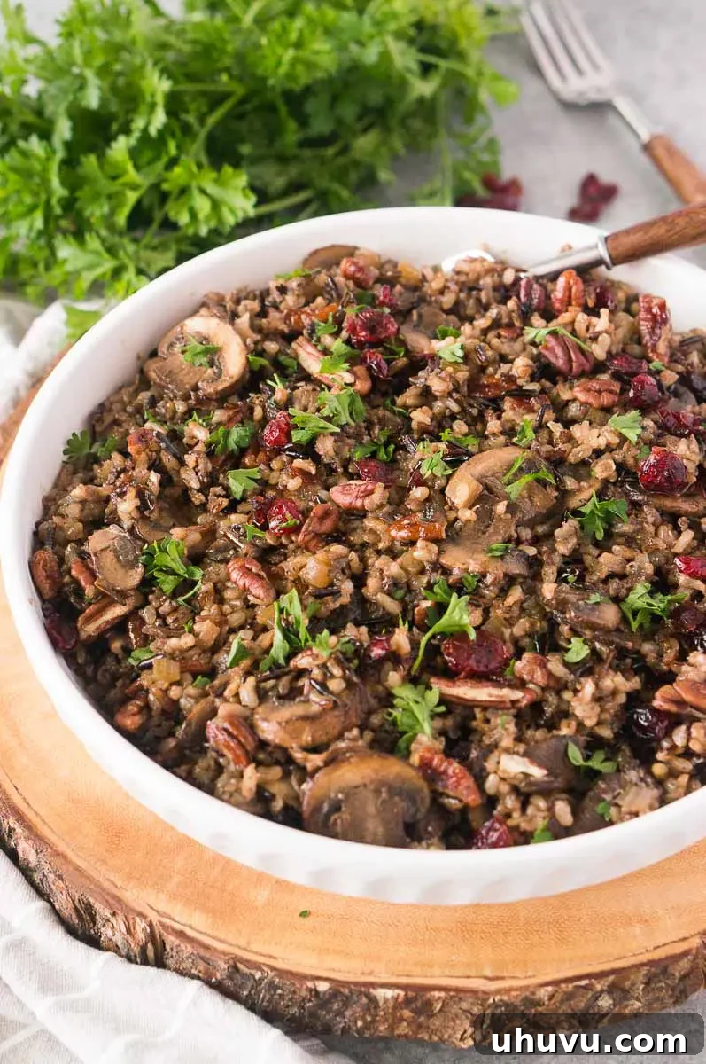 Earthy Wild Rice and Mushroom Medley 2 wild rice with mushrooms pilaf recipe in a white bowl