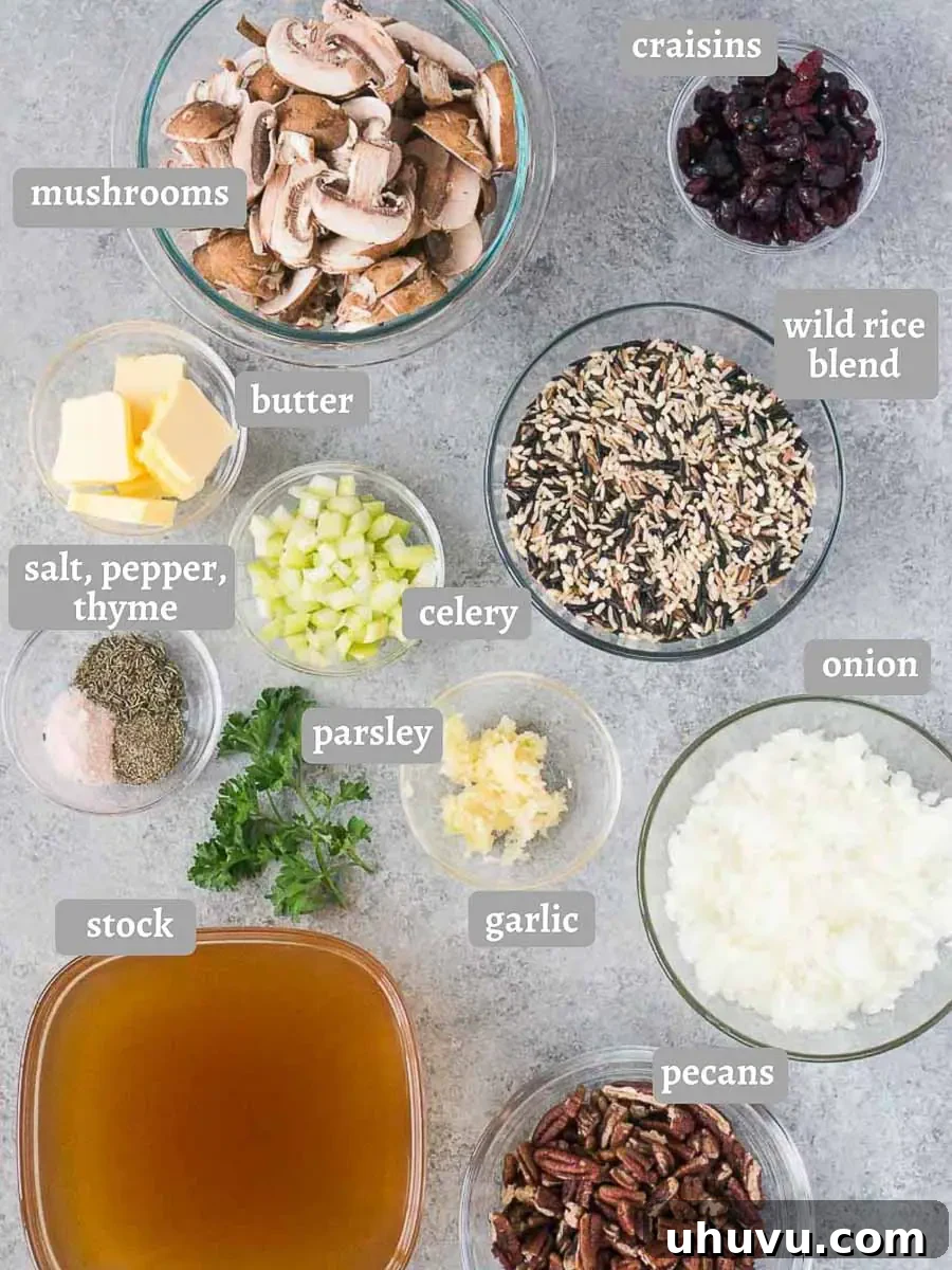 ingredients for wild rice pilaf with mushrooms