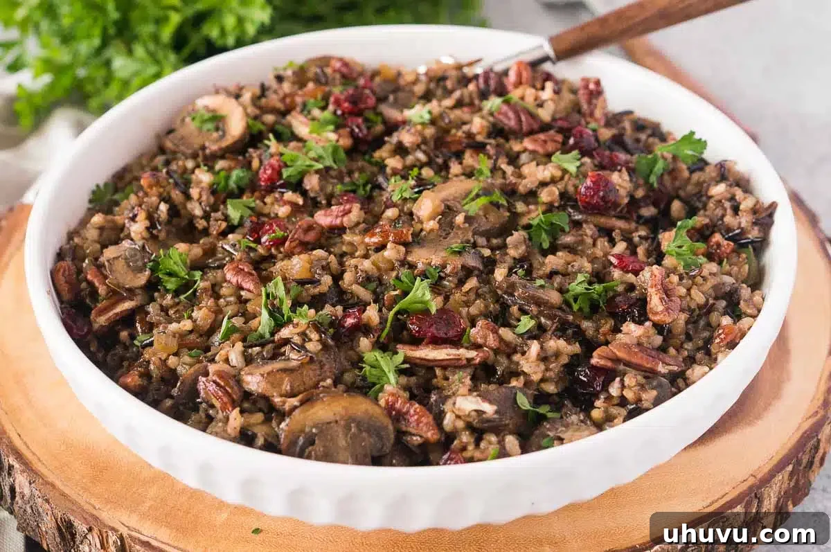 wild rice and mushrooms pilaf in a large bowl