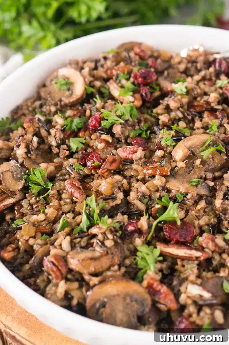 Earthy Wild Rice and Mushroom Medley 9 thanksgiving mushroom wild rice side served in a white bowl