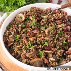 wild rice with mushrooms pilaf recipe in a white bowl