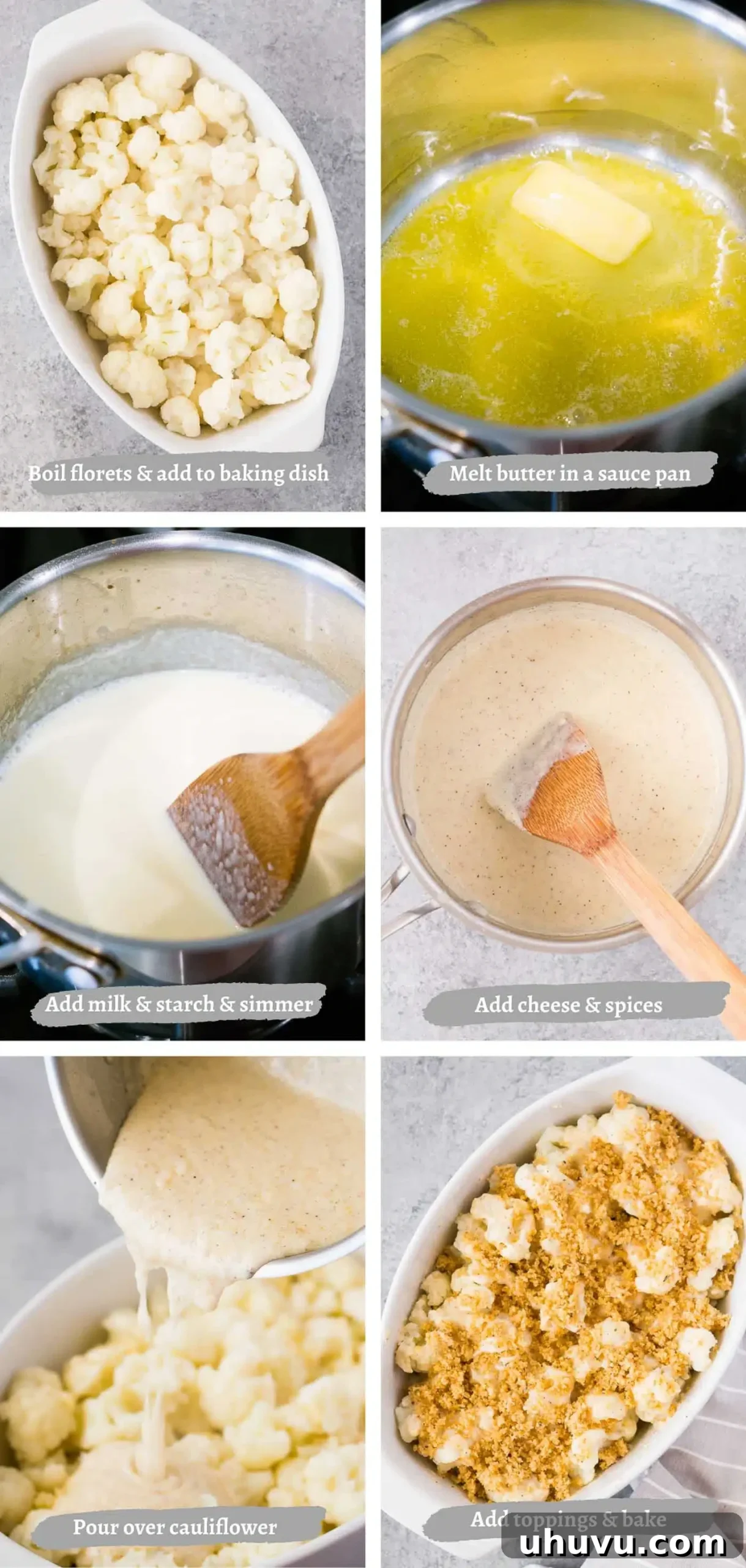 process images of making cauliflower au gratin