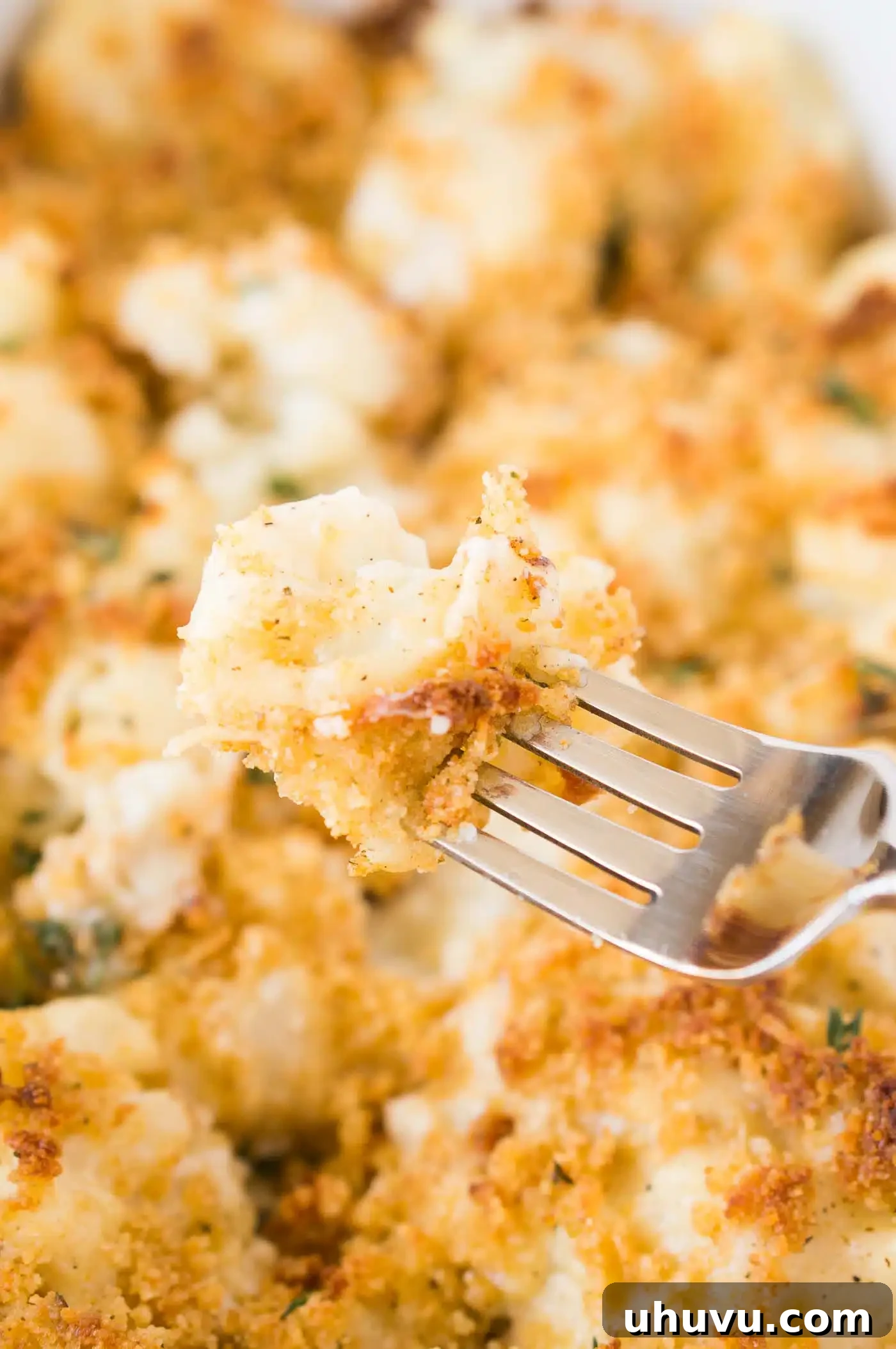 close up image of cauliflower gratin bite