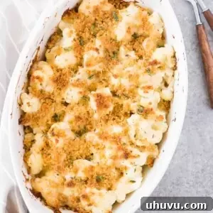 easy cauliflower au gratin for thanksgiving in an oval dish