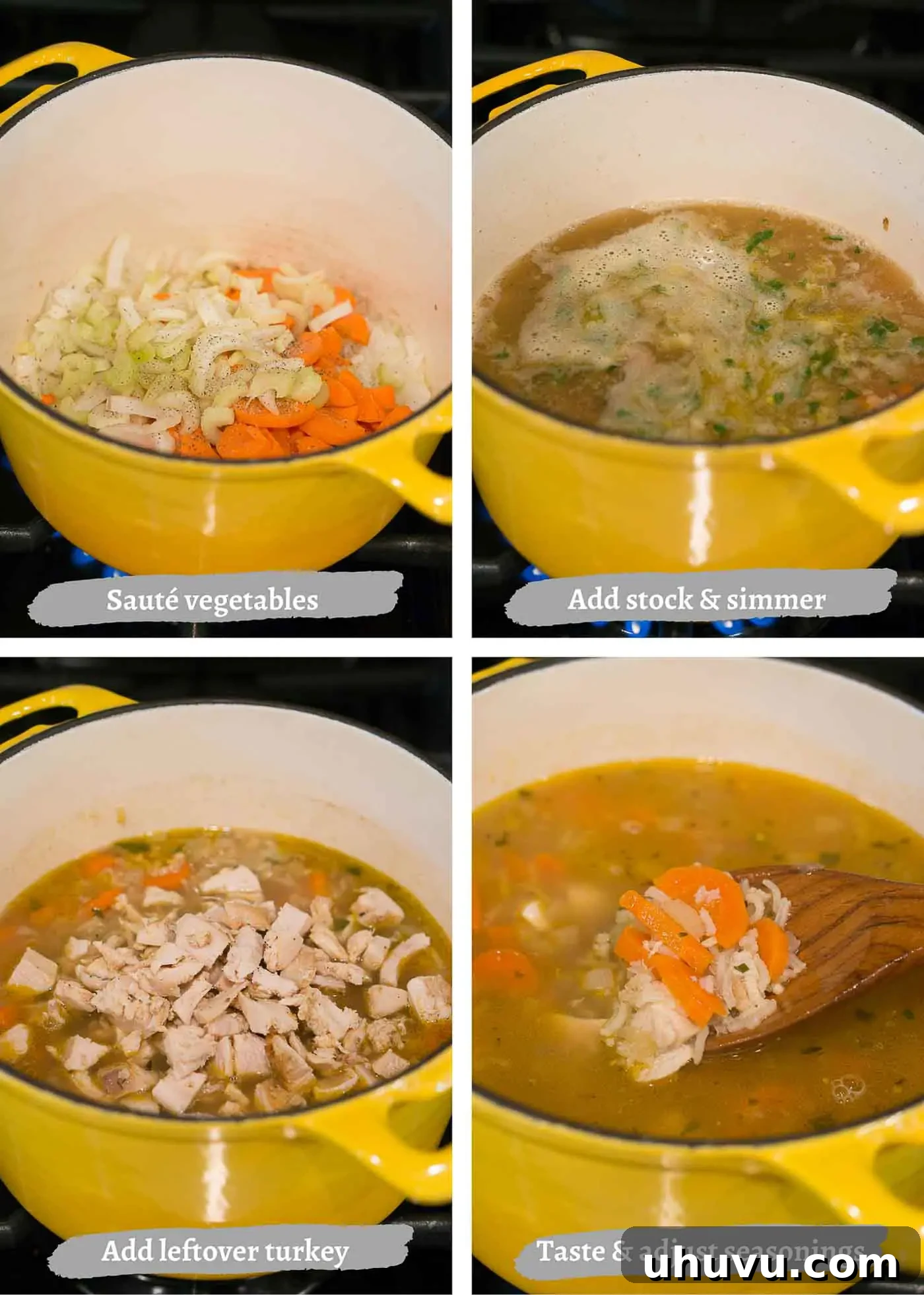 Savory Turkey Rice Comfort 5 A collage of process images demonstrating the key steps to prepare delicious turkey rice soup, from sautéing vegetables to simmering the broth