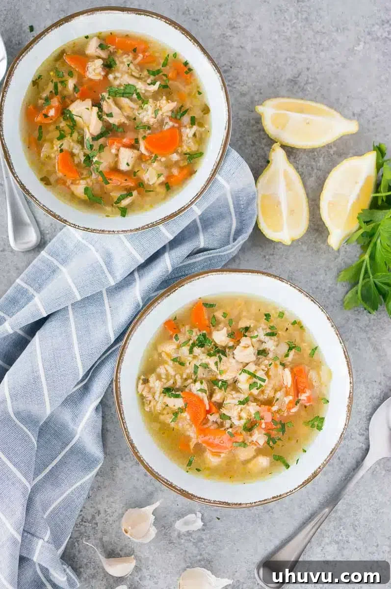 Two cozy bowls of turkey and rice soup, beautifully garnished, resting on a rustic wooden surface, inviting you to enjoy a warm meal