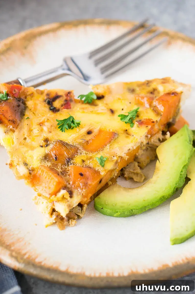 close up shot of leftover turkey sweet potato frittata