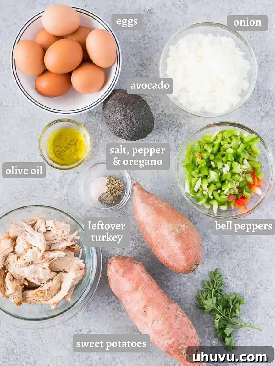 ingredients for leftover turkey and sweet potato frittata